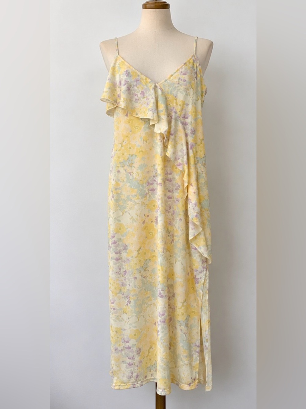 H&M Yellow Floral One-Shoulder Ruffle Slip Dress